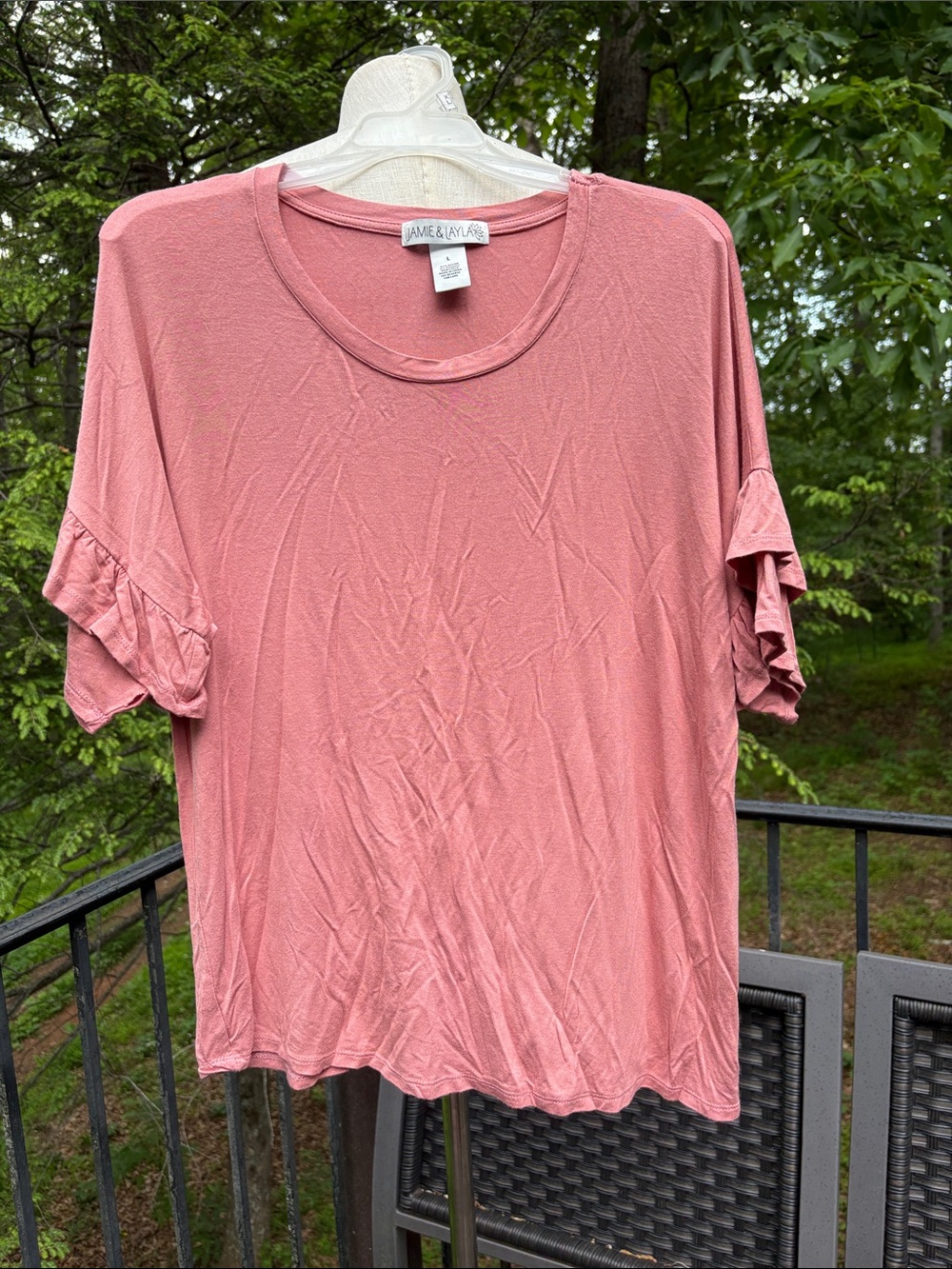 Jamie & Layla Pink Ruffle Sleeve rayon Women's Top sz L